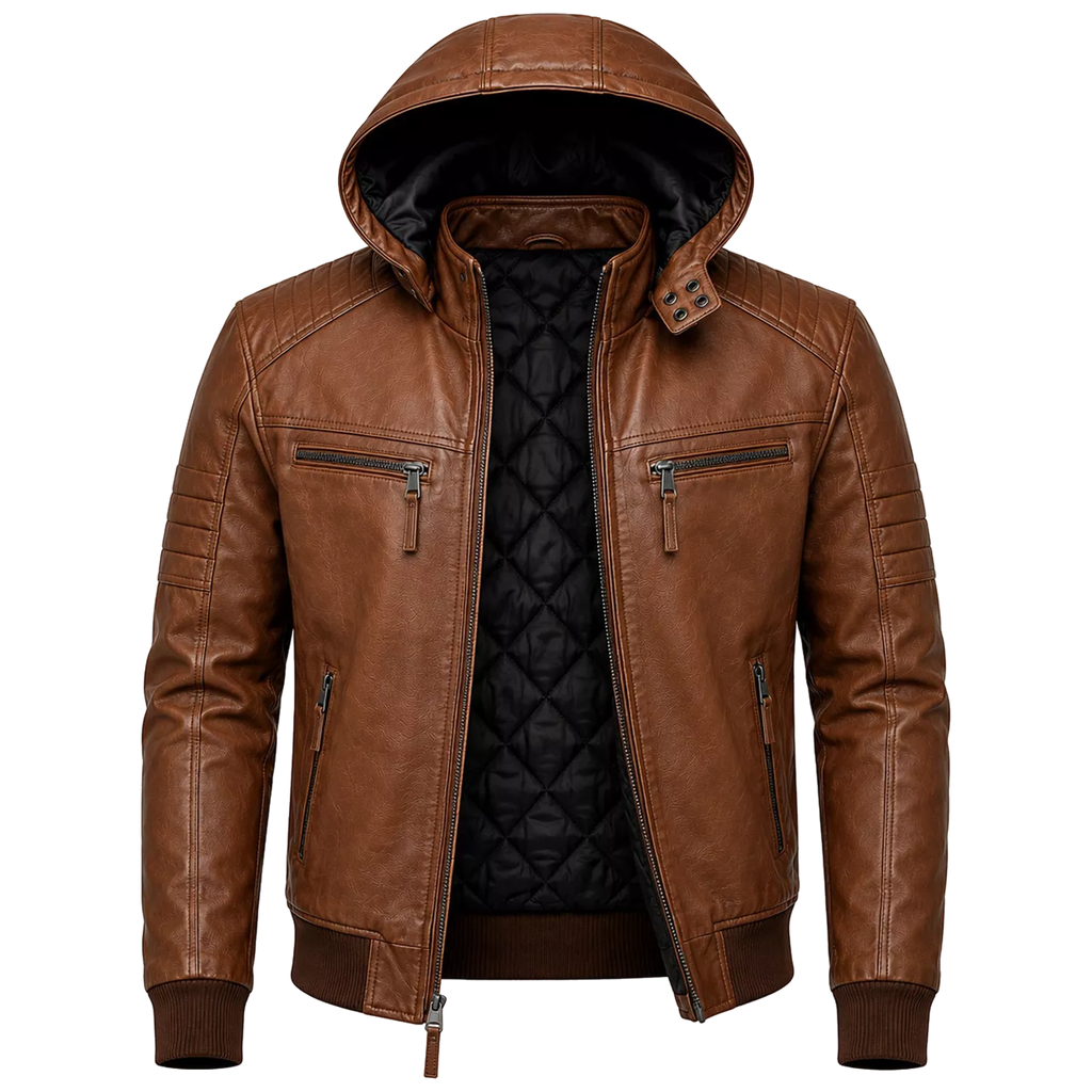 Brown Maverick Hooded Biker Leather Jacket for Men