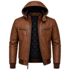 Brown Maverick Hooded Biker Leather Jacket for Men