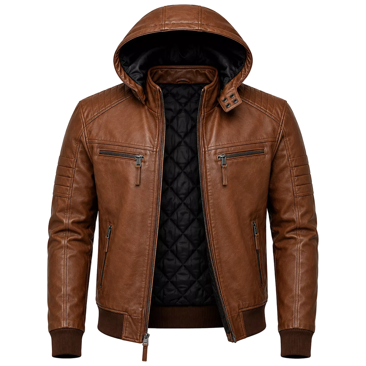 Brown Maverick Hooded Biker Leather Jacket for Men
