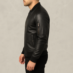 Men’s Black Leather Bomber Jacket with Utility Sleeve Pocket