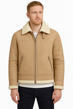 Men's Beige Shearling Leather Jacket | Premium Aviator Sheepskin Winter Coat