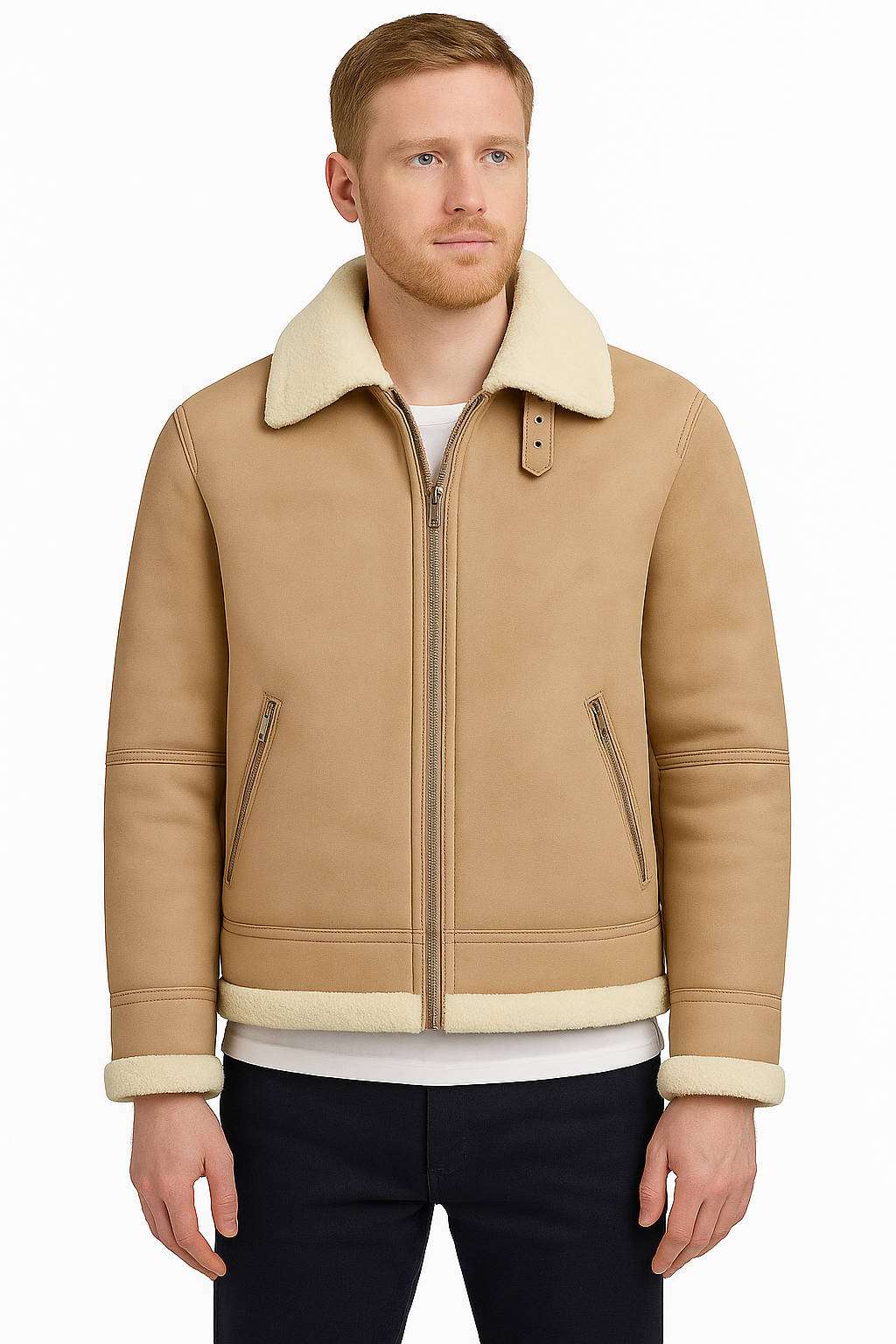 Men's Beige Shearling Leather Jacket | Premium Aviator Sheepskin Winter Coat