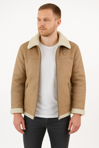 Men's Beige Shearling Leather Jacket | Premium Aviator Sheepskin Winter Coat
