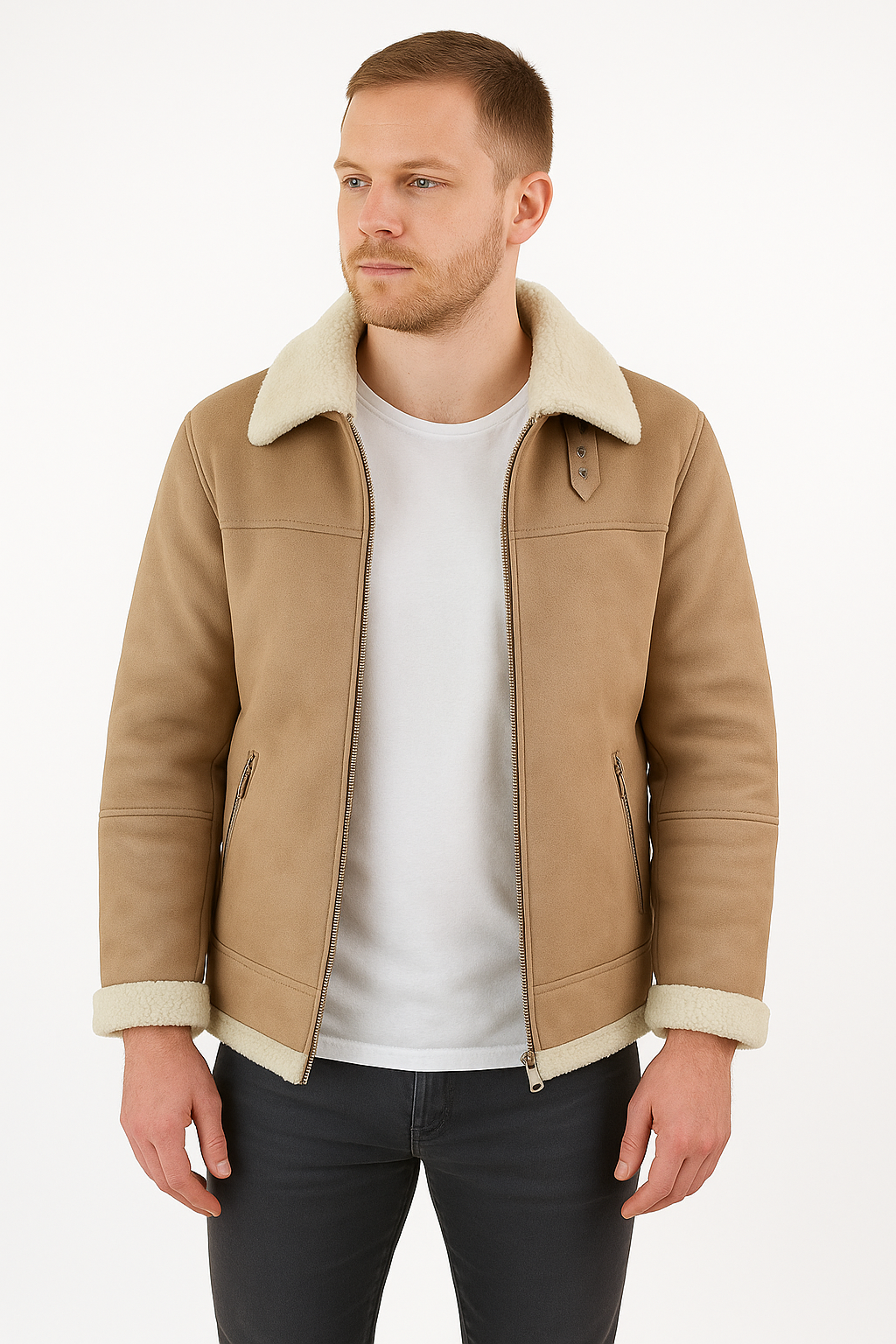 Men's Beige Shearling Leather Jacket | Premium Aviator Sheepskin Winter Coat