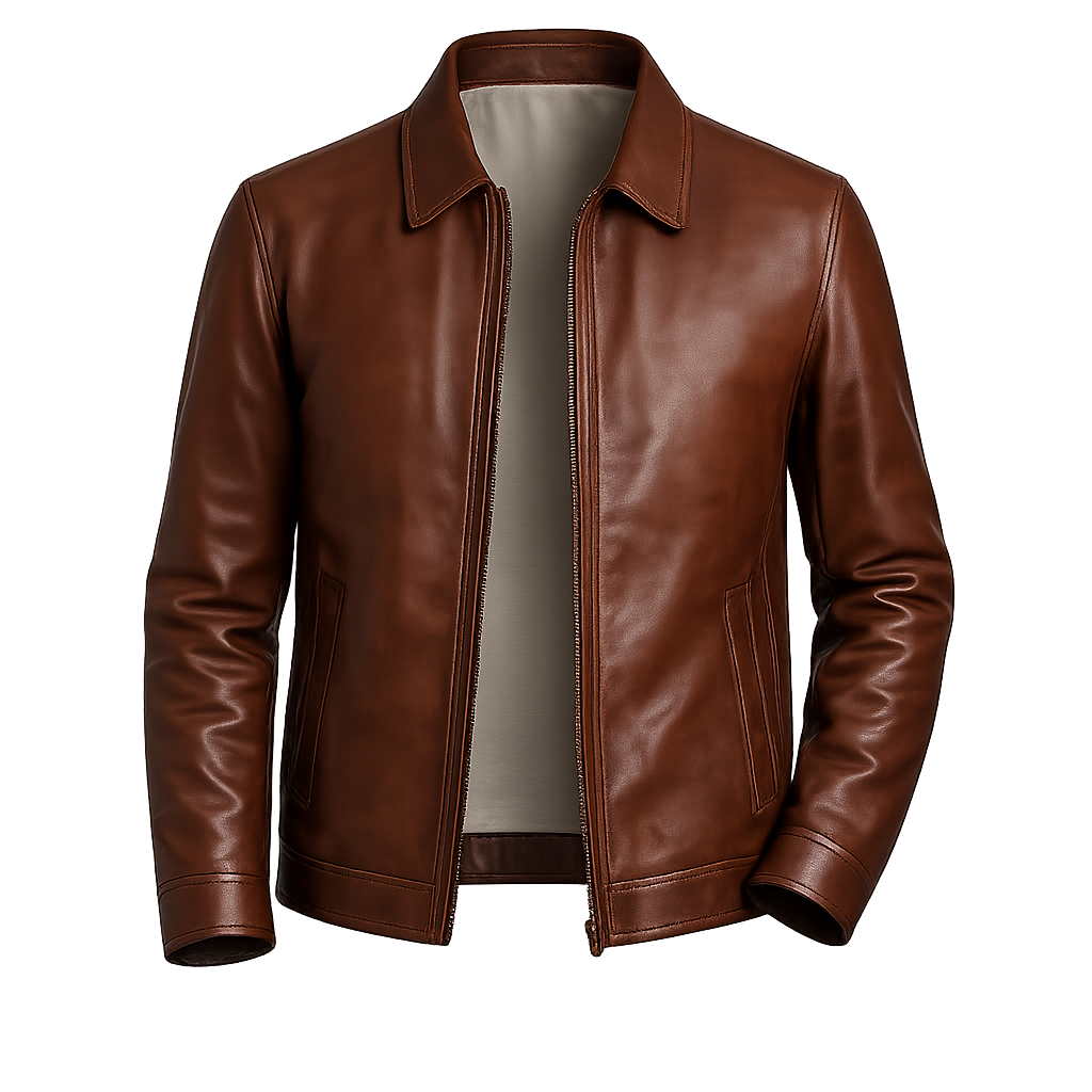Men's Classic Brown Faux Leather Zip-Up Jacket – Premium Casual Outerwear