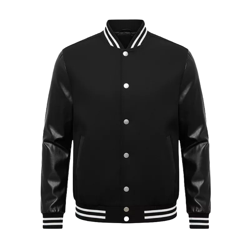 Classic Black Varsity Jacket with Premium Leather Sleeves