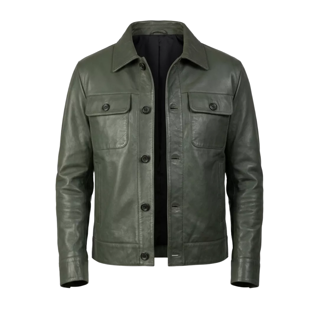 Men’s Olive Green Leather Trucker Jacket | Classic Button Front Leather Shirt Jacket