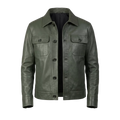 Men’s Olive Green Leather Trucker Jacket | Classic Button Front Leather Shirt Jacket