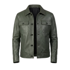 Men’s Olive Green Leather Trucker Jacket | Classic Button Front Leather Shirt Jacket