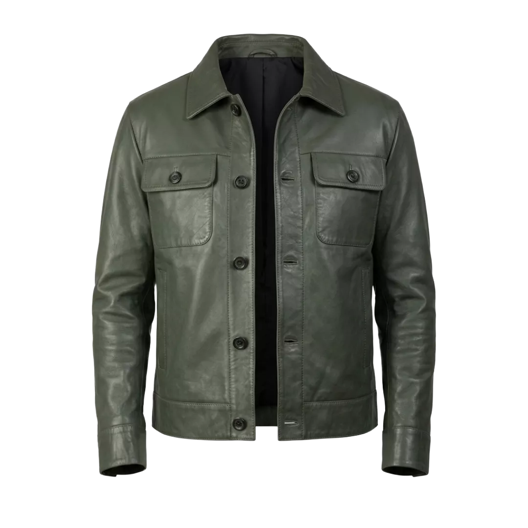 Men’s Olive Green Leather Trucker Jacket | Classic Button Front Leather Shirt Jacket
