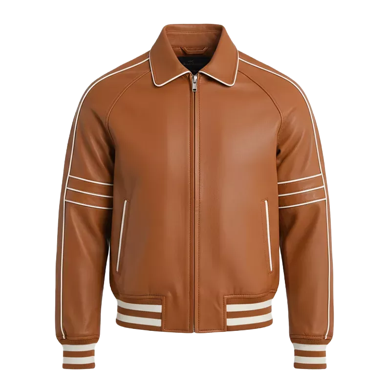 Men’s Cognac Brown Leather Racer Jacket | Striped Zip-Up Bomber Style