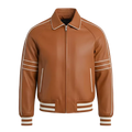 Men’s Cognac Brown Leather Racer Jacket | Striped Zip-Up Bomber Style