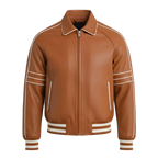 Men’s Cognac Brown Leather Racer Jacket | Striped Zip-Up Bomber Style