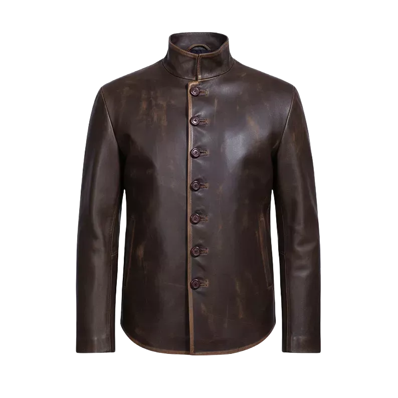 Drakeshire Vintage Brown Stand-Collar Leather Jacket