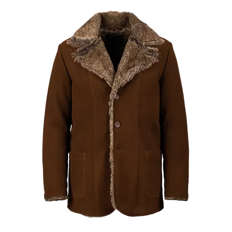 Furlong Brown Suede Leather Coat – Luxury Fur Collar Winter Coat for Men
