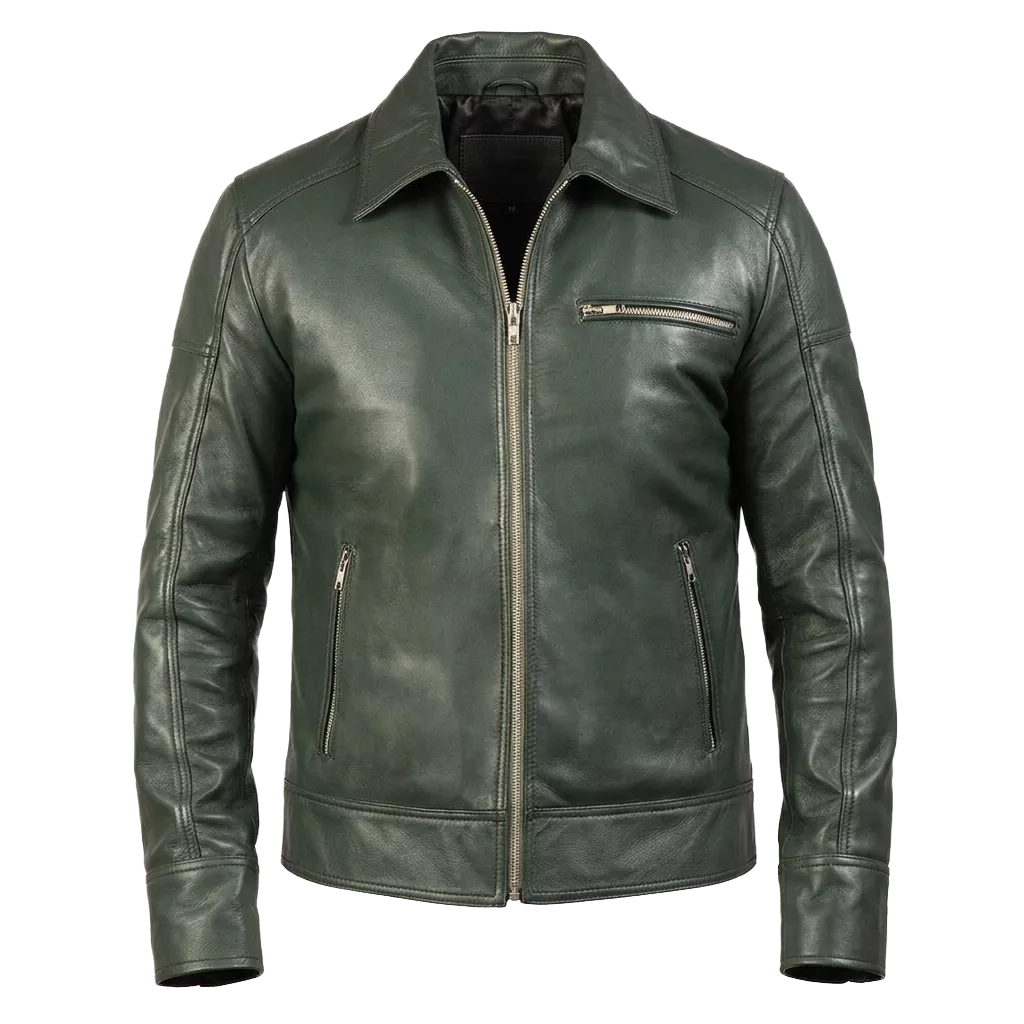 Men’s Olive Green Leather Jacket | Classic Casual Zip Style