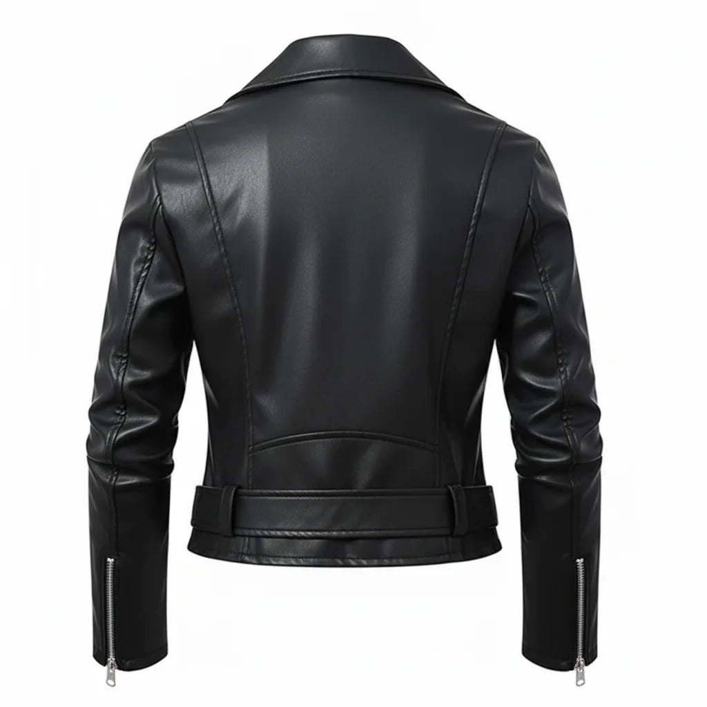 Women’s Slim Fit Faux Leather Moto Biker Jacket with Adjustable Belt and Zipper Detail