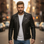Men’s Premium Faux Leather Biker Jacket with Ribbed Shoulder Padding and Asymmetrical Zip