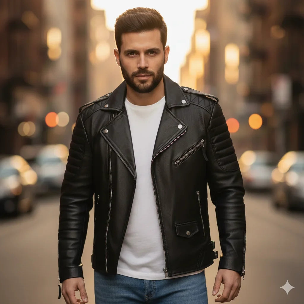 Men’s Premium Faux Leather Biker Jacket with Ribbed Shoulder Padding and Asymmetrical Zip