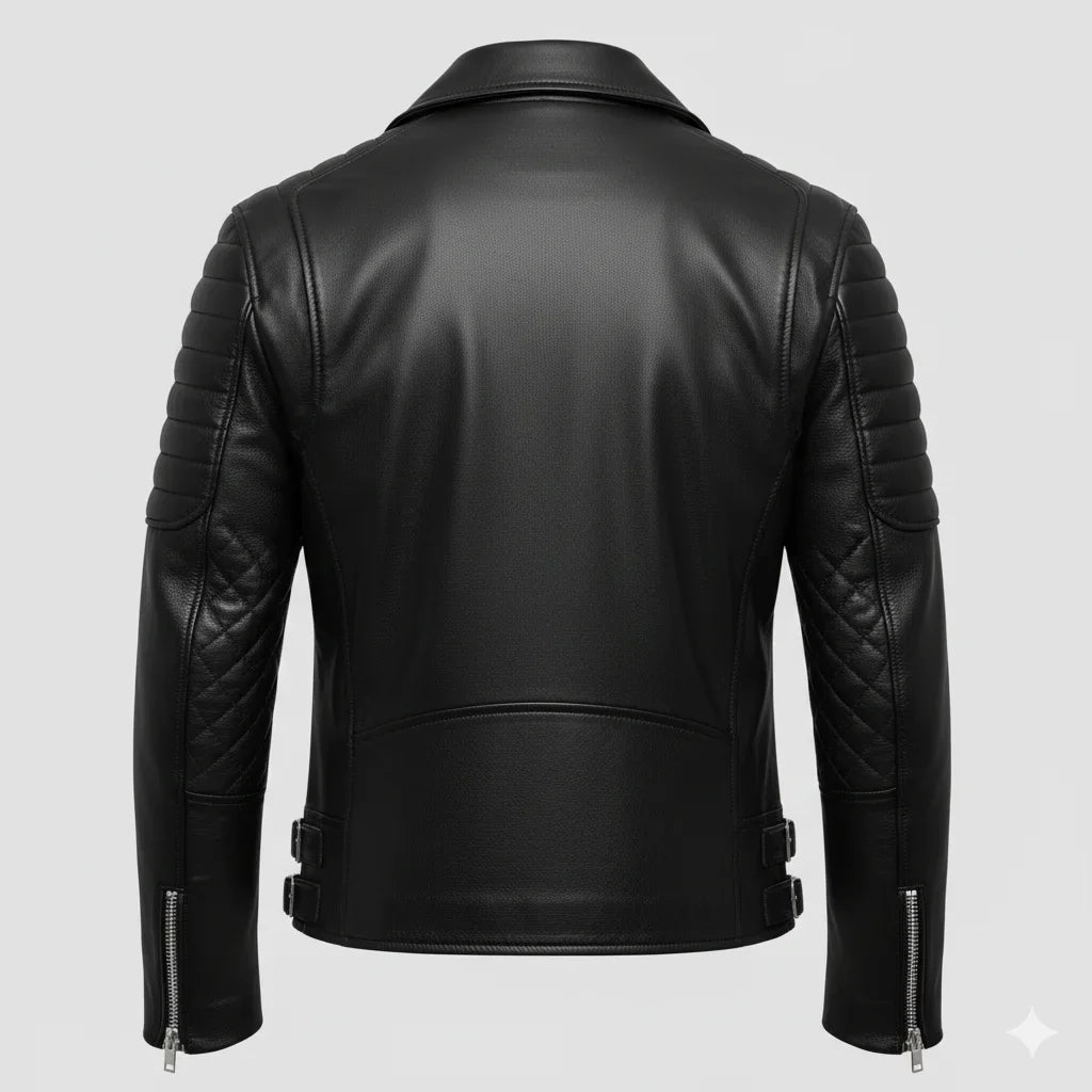 Men’s Premium Faux Leather Biker Jacket with Ribbed Shoulder Padding and Asymmetrical Zip