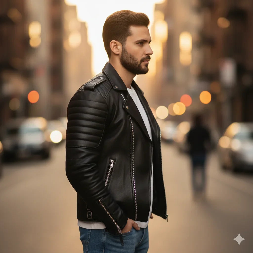Men’s Premium Faux Leather Biker Jacket with Ribbed Shoulder Padding and Asymmetrical Zip