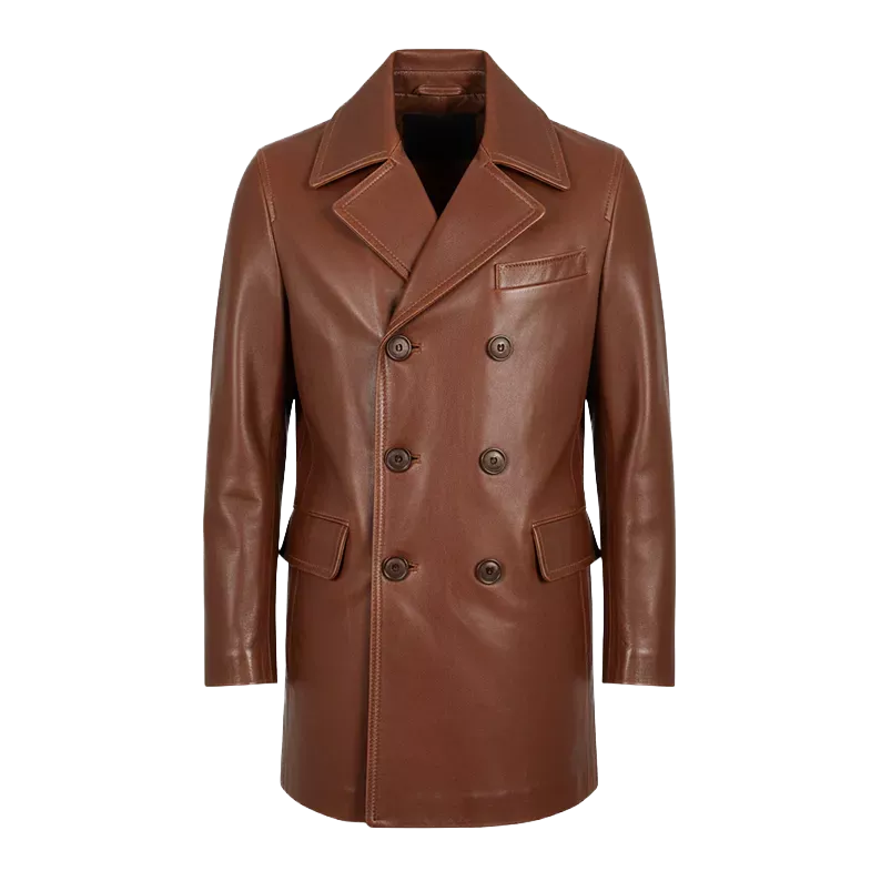 Men’s Brown Leather Trench Coat | Double Breasted Classic Long Leather Overcoat