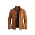 Men’s Tan Brown Leather Jacket – Classic Stand Collar Leather Coat for Casual & Smart Wear
