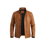 Men’s Tan Brown Leather Jacket – Classic Stand Collar Leather Coat for Casual & Smart Wear