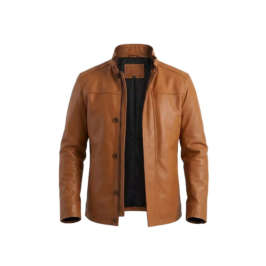 Men’s Tan Brown Leather Jacket – Classic Stand Collar Leather Coat for Casual & Smart Wear