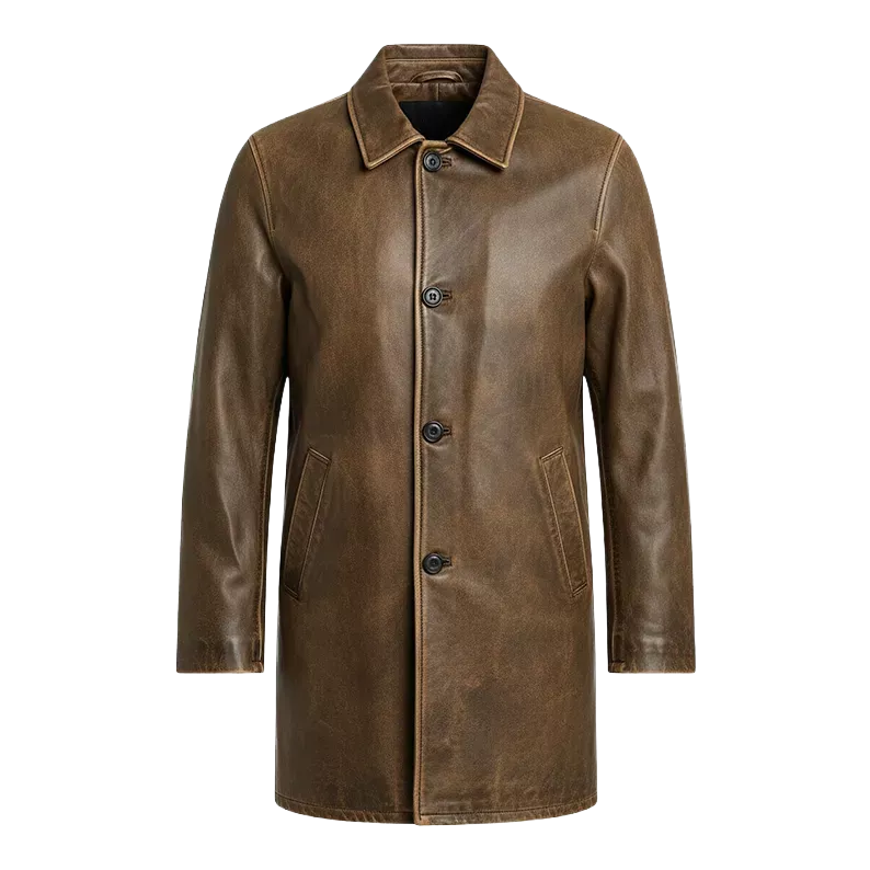 LP-FACON Men’s Vintage Mid-Length Genuine Leather Trench Coat – 34" Classic Car Coat