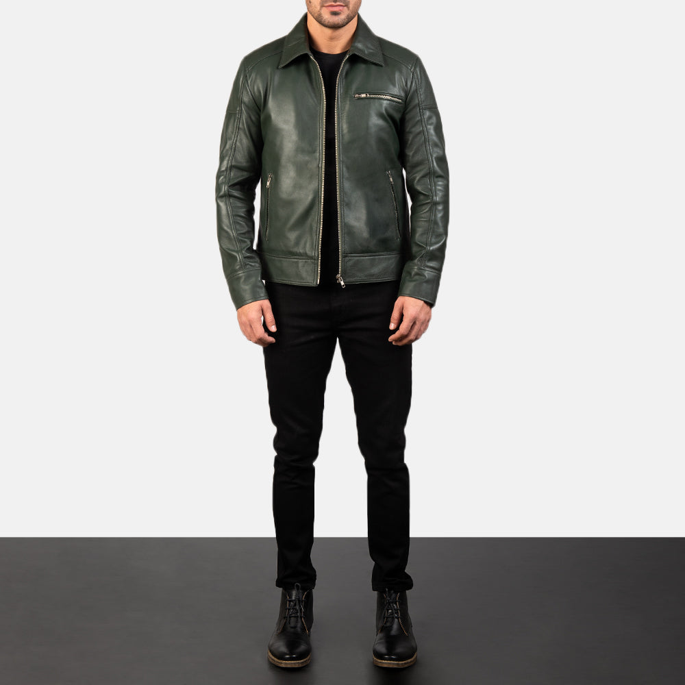 Men’s Olive Green Leather Jacket | Classic Casual Zip Style