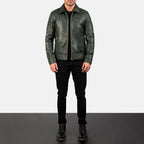 Men’s Olive Green Leather Jacket | Classic Casual Zip Style