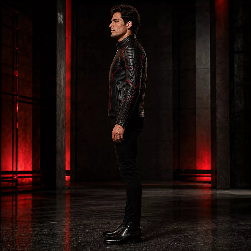 Men’s Black Bat Emblem Leather Biker Jacket | Red Trim Moto Jacket