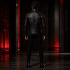 Men’s Black Bat Emblem Leather Biker Jacket | Red Trim Moto Jacket