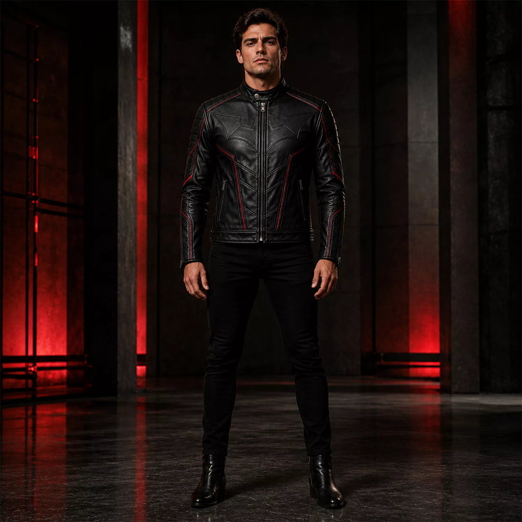 Men’s Black Bat Emblem Leather Biker Jacket | Red Trim Moto Jacket