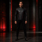 Men’s Black Bat Emblem Leather Biker Jacket | Red Trim Moto Jacket