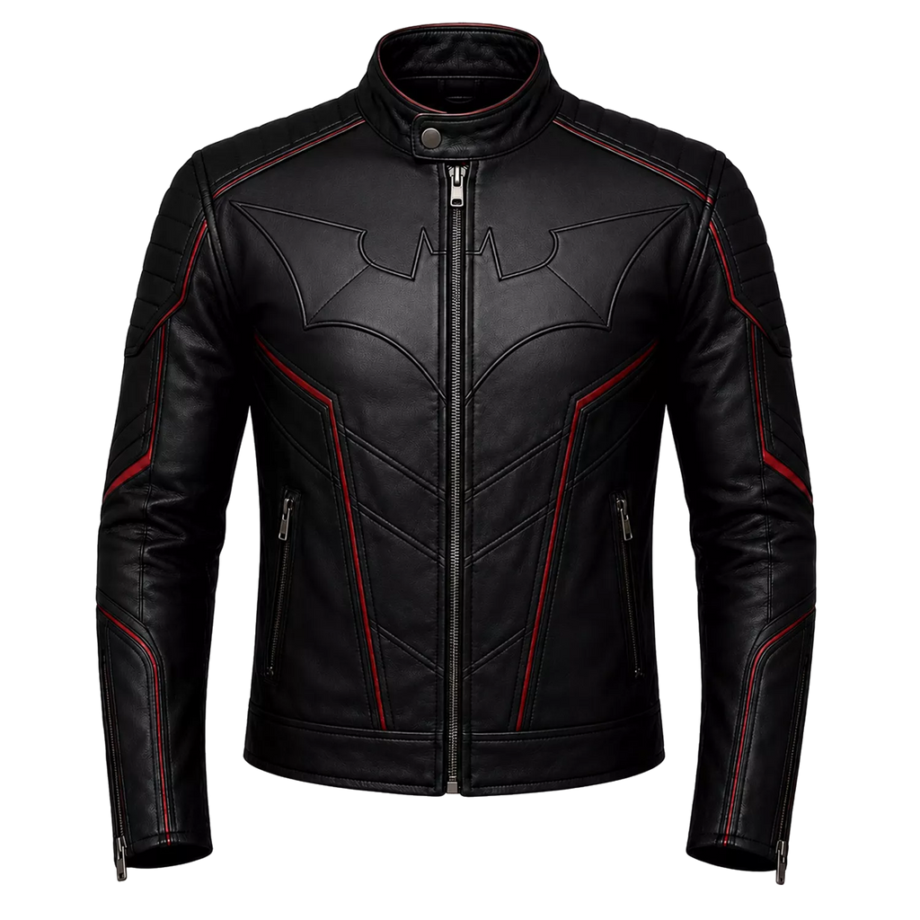 Men’s Black Bat Emblem Leather Biker Jacket | Red Trim Moto Jacket