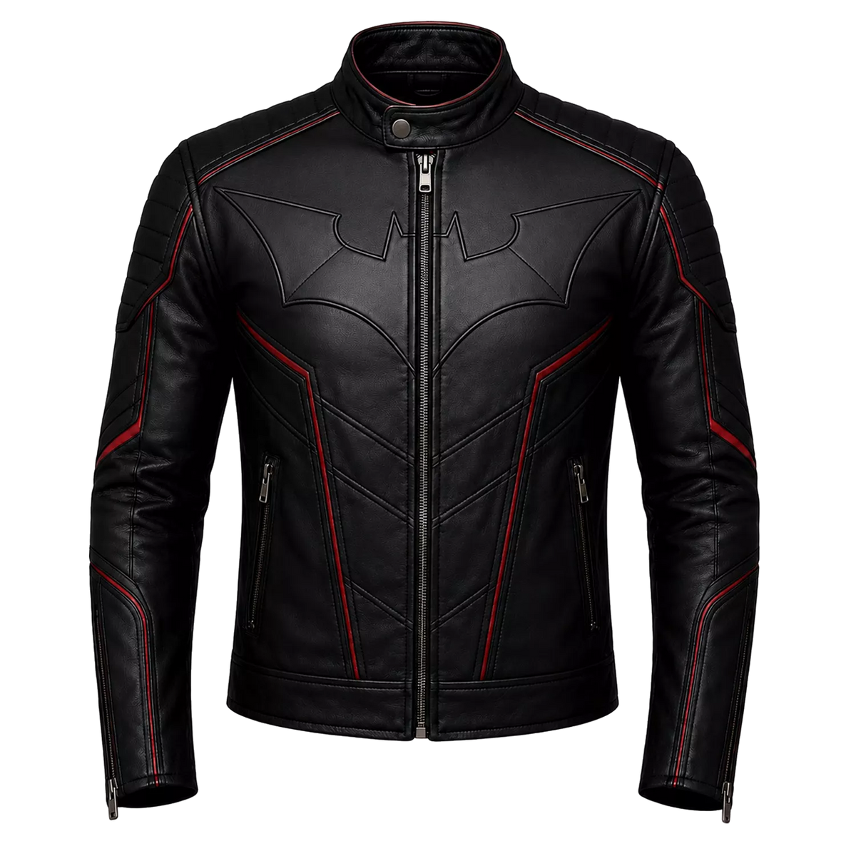 Men’s Black Bat Emblem Leather Biker Jacket | Red Trim Moto Jacket