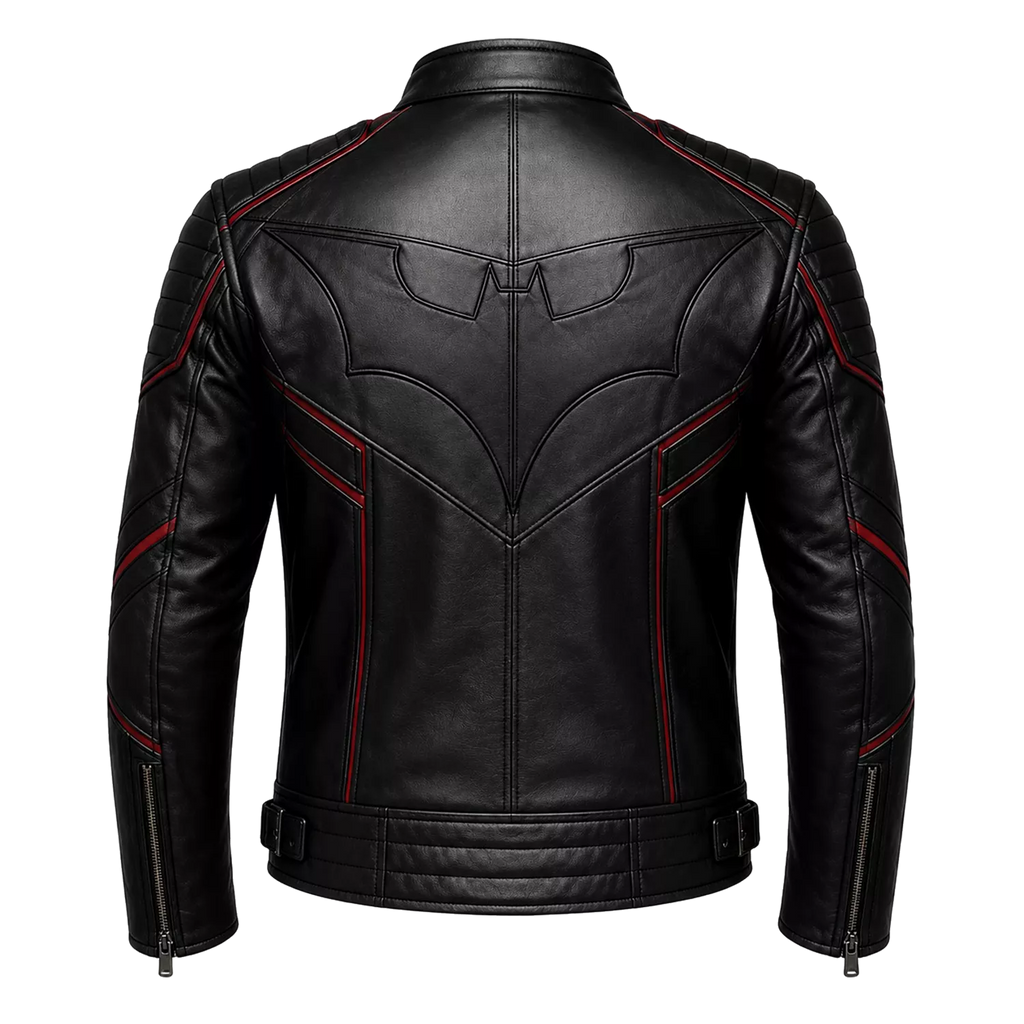 Men’s Black Bat Emblem Leather Biker Jacket | Red Trim Moto Jacket