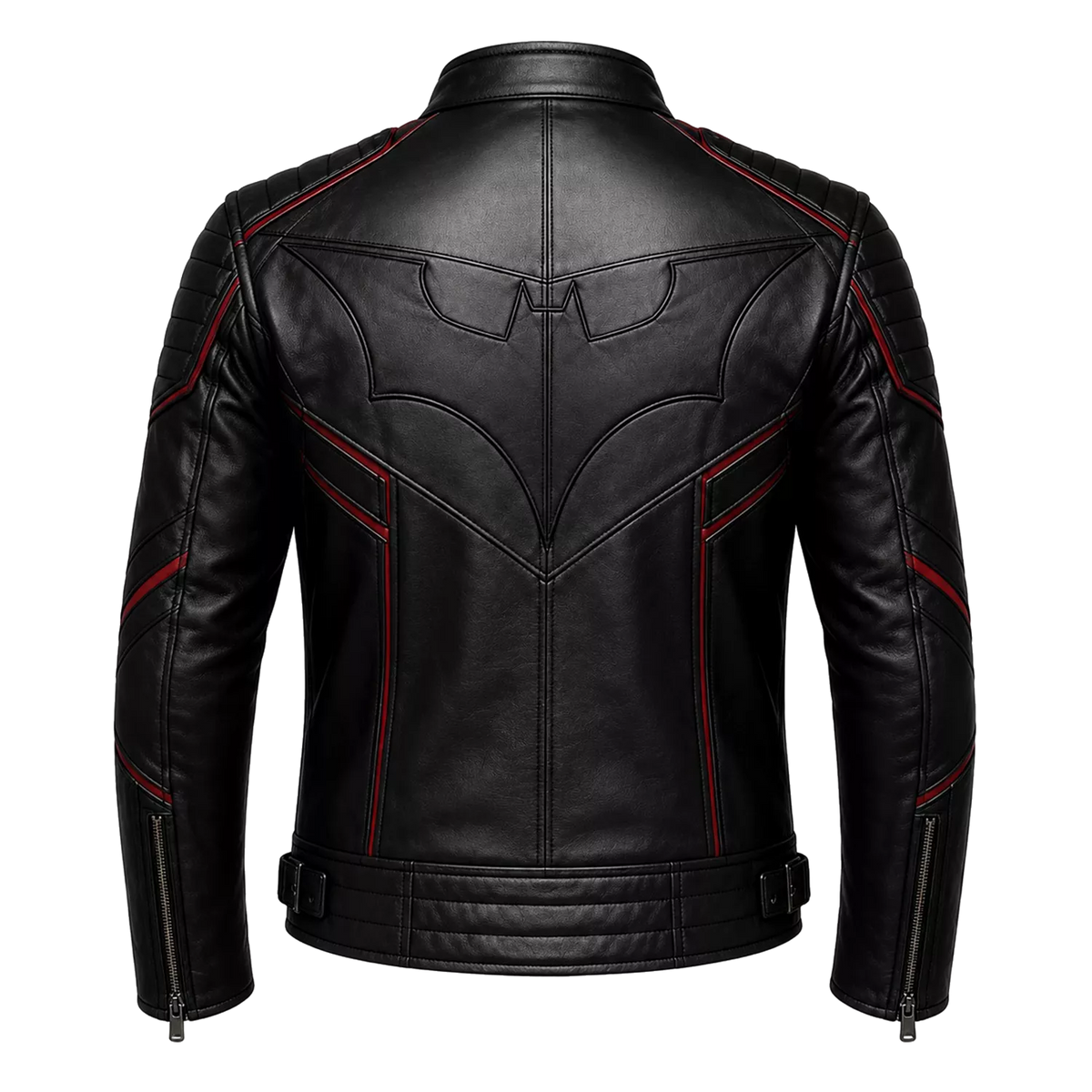 Men’s Black Bat Emblem Leather Biker Jacket | Red Trim Moto Jacket