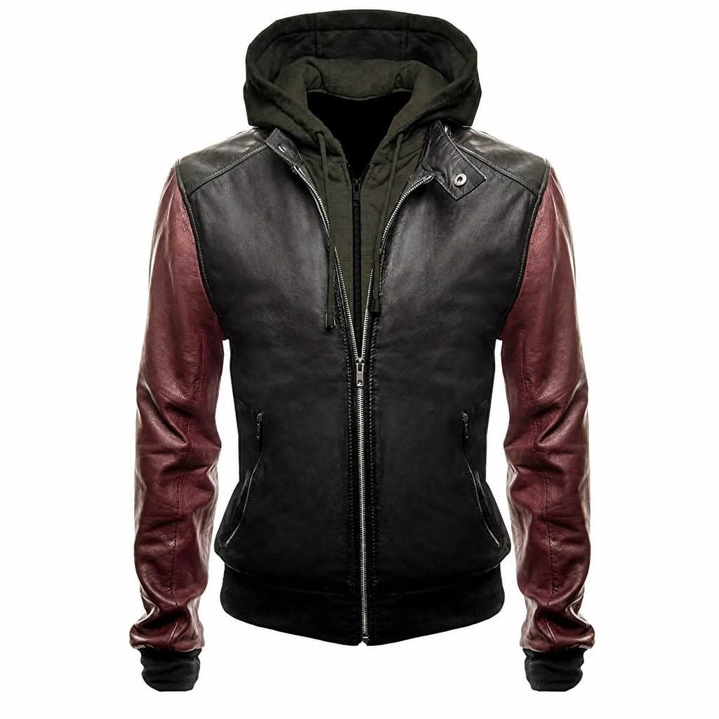 Men's Black Burgundy Hooded Leather Bomber Jacket | Two Tone Urban Streetwear Style