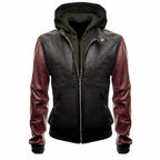Men's Black Burgundy Hooded Leather Bomber Jacket | Two Tone Urban Streetwear Style