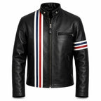 Men's Black Café Racer Leather Jacket | USA Flag Inspired Striped Motorcycle Jacket