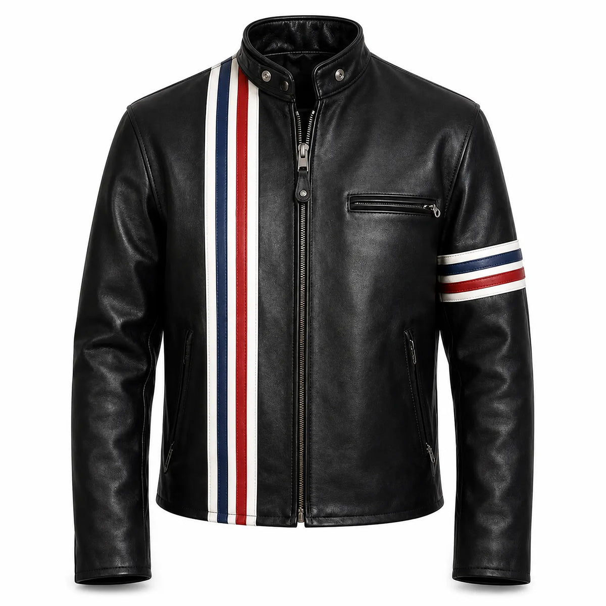 Men's Black Café Racer Leather Jacket | USA Flag Inspired Striped Motorcycle Jacket
