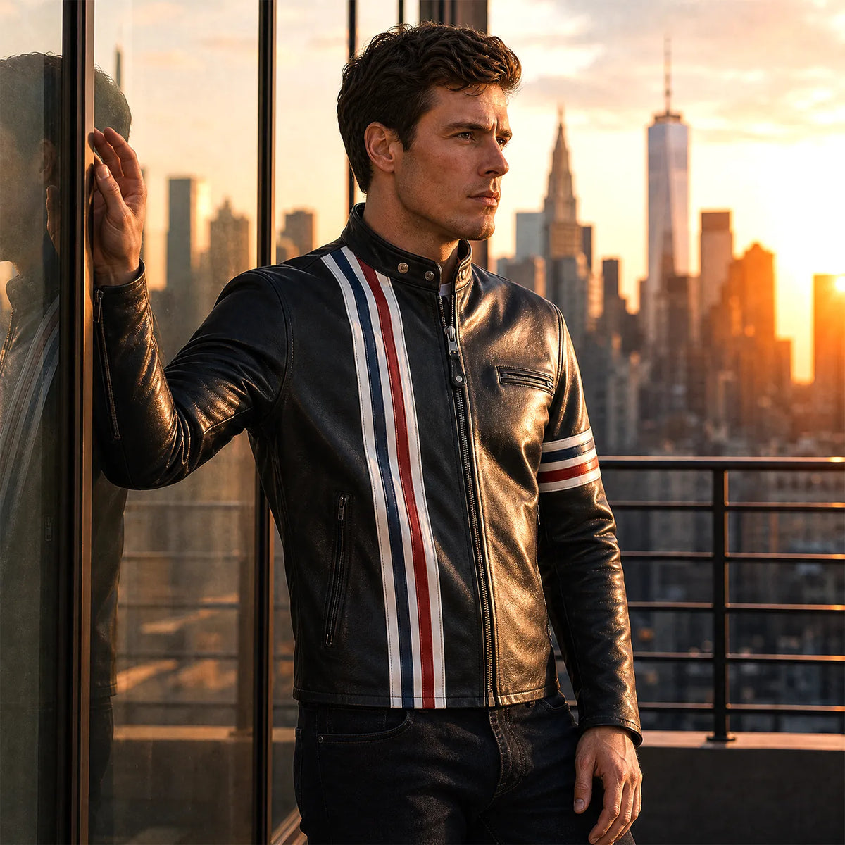 Men's Black Café Racer Leather Jacket | USA Flag Inspired Striped Motorcycle Jacket