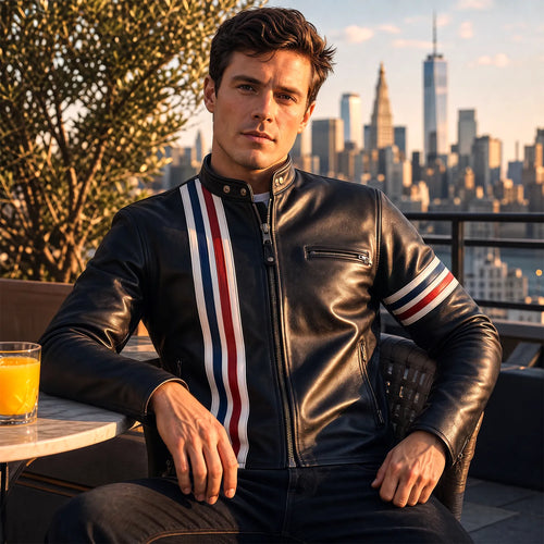 Men's Black Café Racer Leather Jacket | USA Flag Inspired Striped Motorcycle Jacket