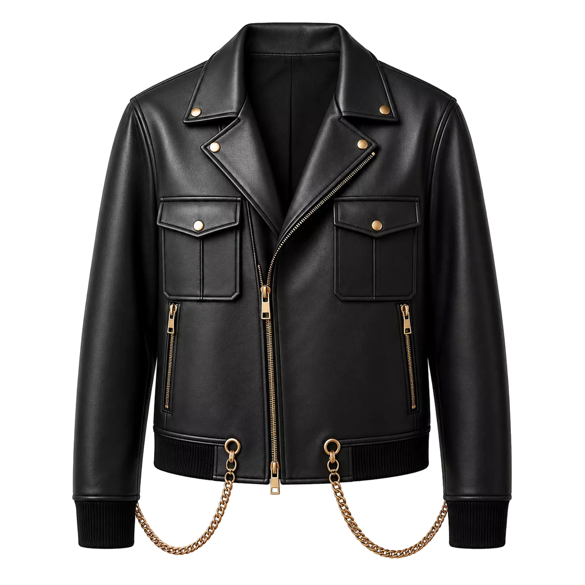 Men’s Black Chain Detail Leather Biker Jacket | Gold Hardware Moto Jacket
