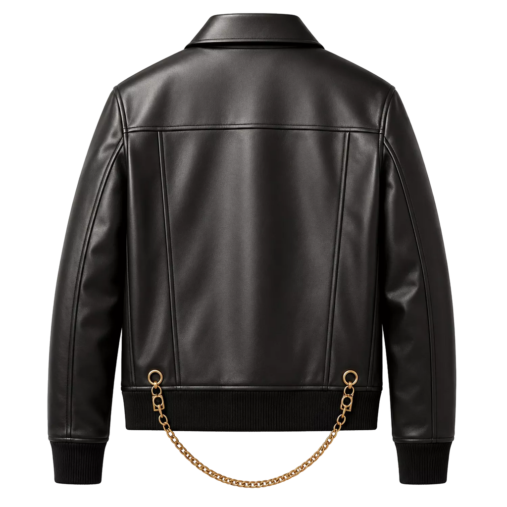 Men’s Black Chain Detail Leather Biker Jacket | Gold Hardware Moto Jacket