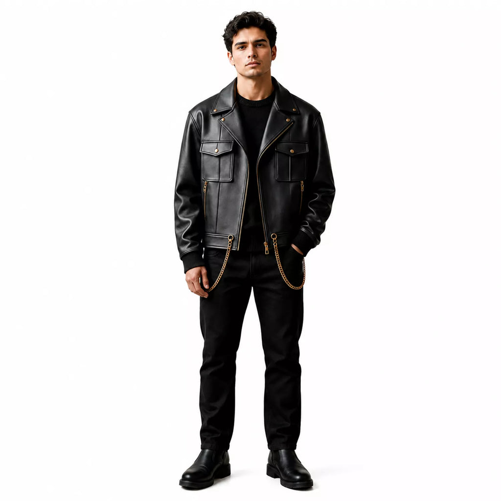 Men’s Black Chain Detail Leather Biker Jacket | Gold Hardware Moto Jacket