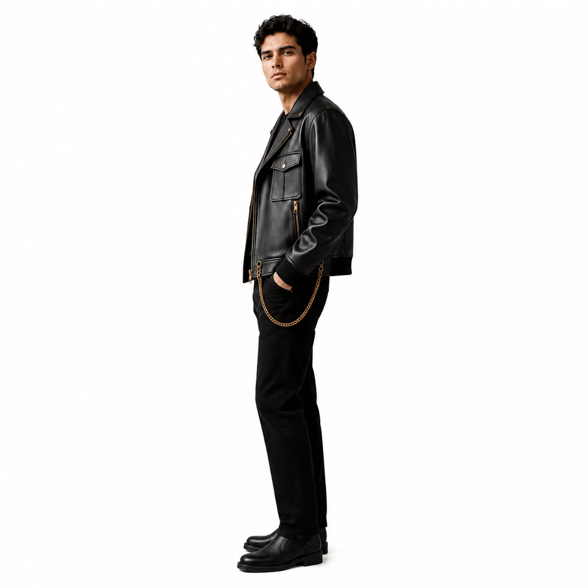 Men’s Black Chain Detail Leather Biker Jacket | Gold Hardware Moto Jacket